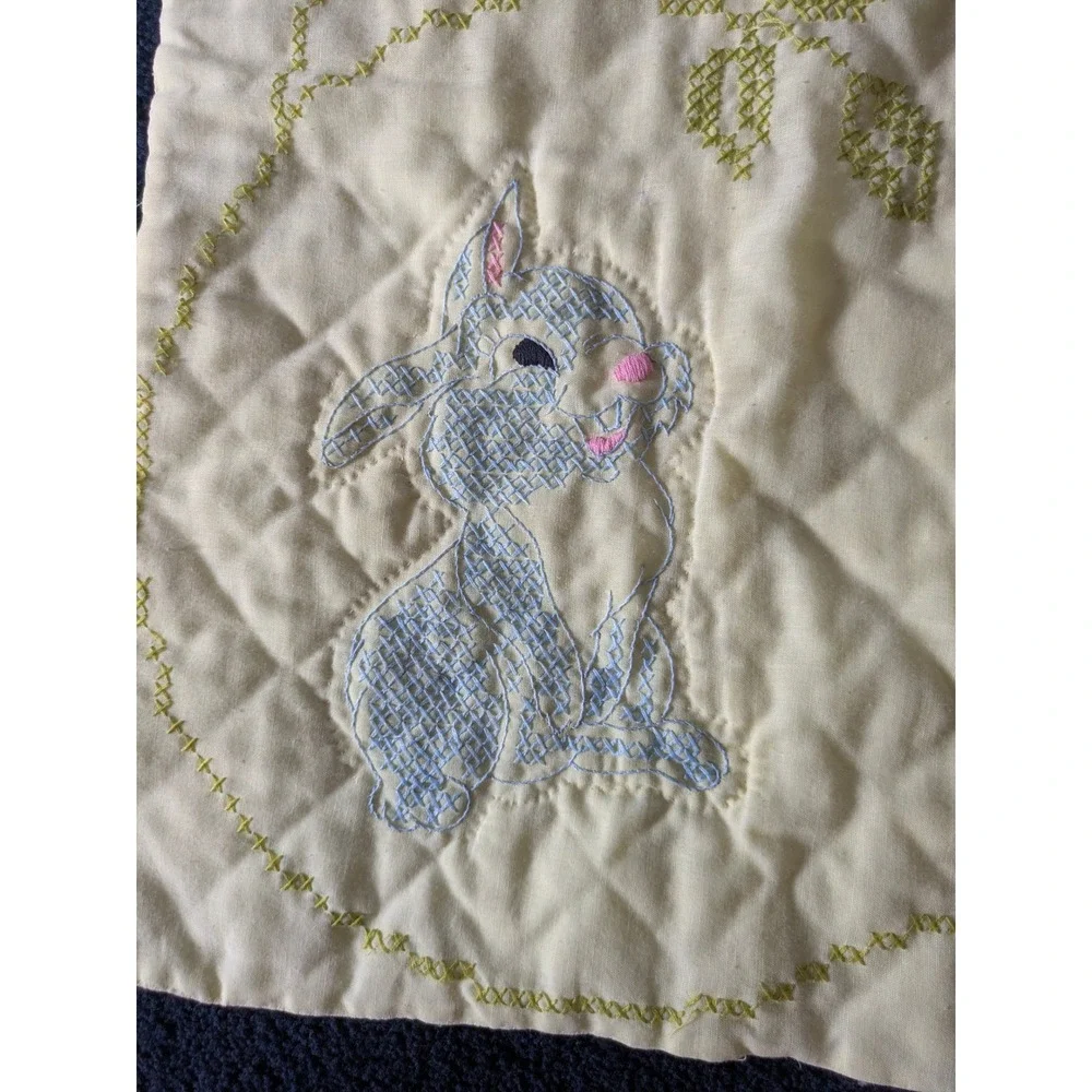 Vintage Disney Bambi Thumper Flower Embroidered Baby Quilt Cream Yellow 30x43